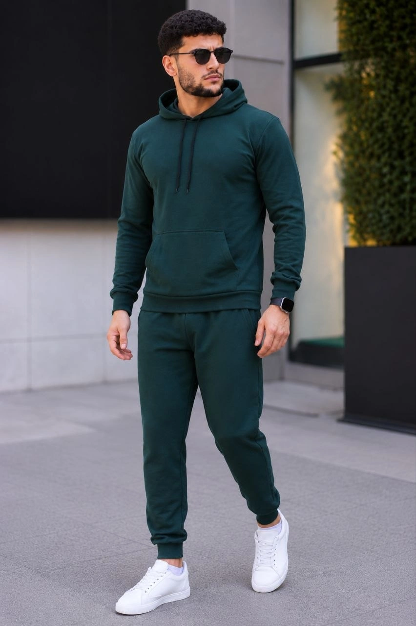 Erkek İki İplik Kapüşonlu Kanguru Cepli Sweatshirt Jogger Pantolon Alt Üst Eşofman Takımı -Nefti Yeşili