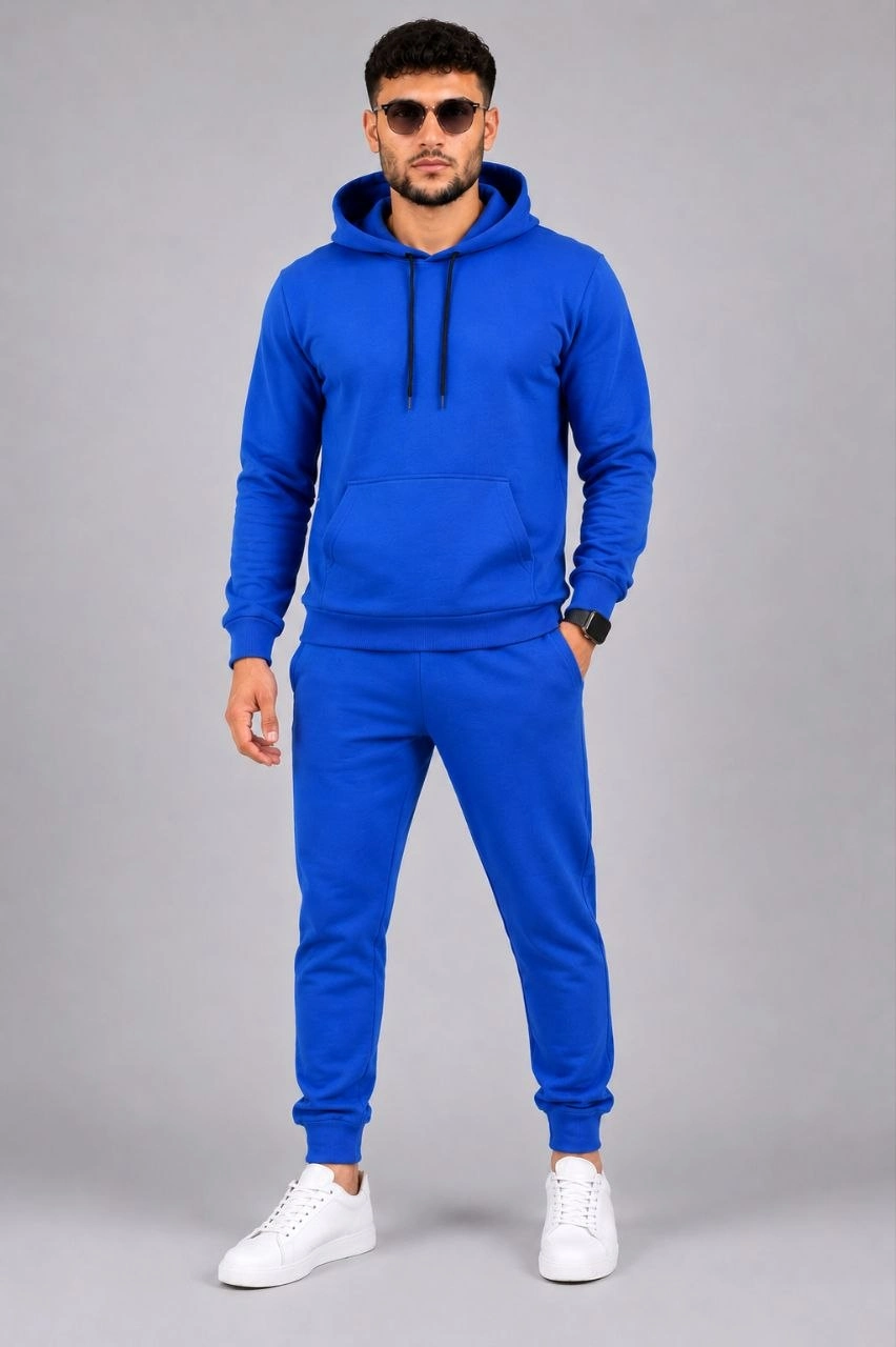 Erkek İki İplik Kapüşonlu Kanguru Cepli Sweatshirt Jogger Pantolon Alt Üst Eşofman Takımı -Saks Mavisi