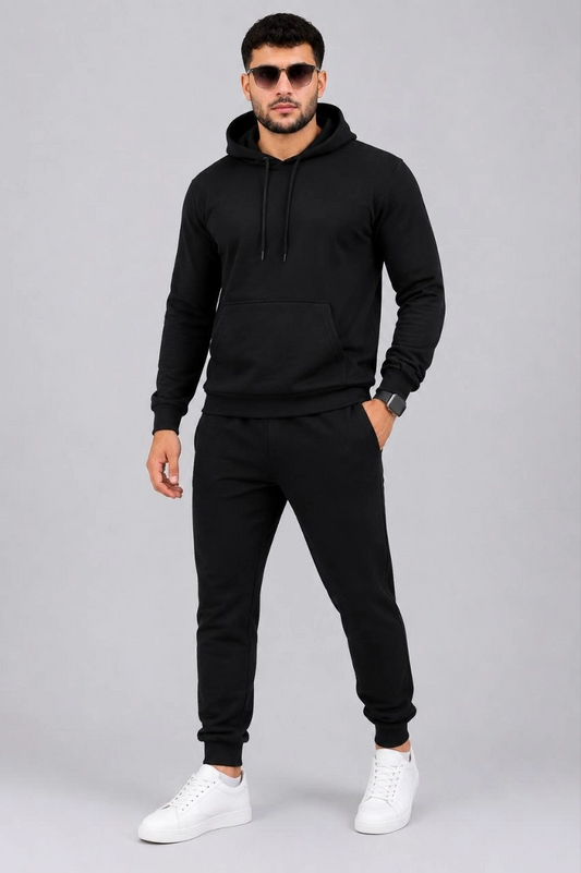 Erkek İki İplik Kapüşonlu Kanguru Cepli Sweatshirt Jogger Pantolon Alt Üst Eşofman Takımı -Siyah
