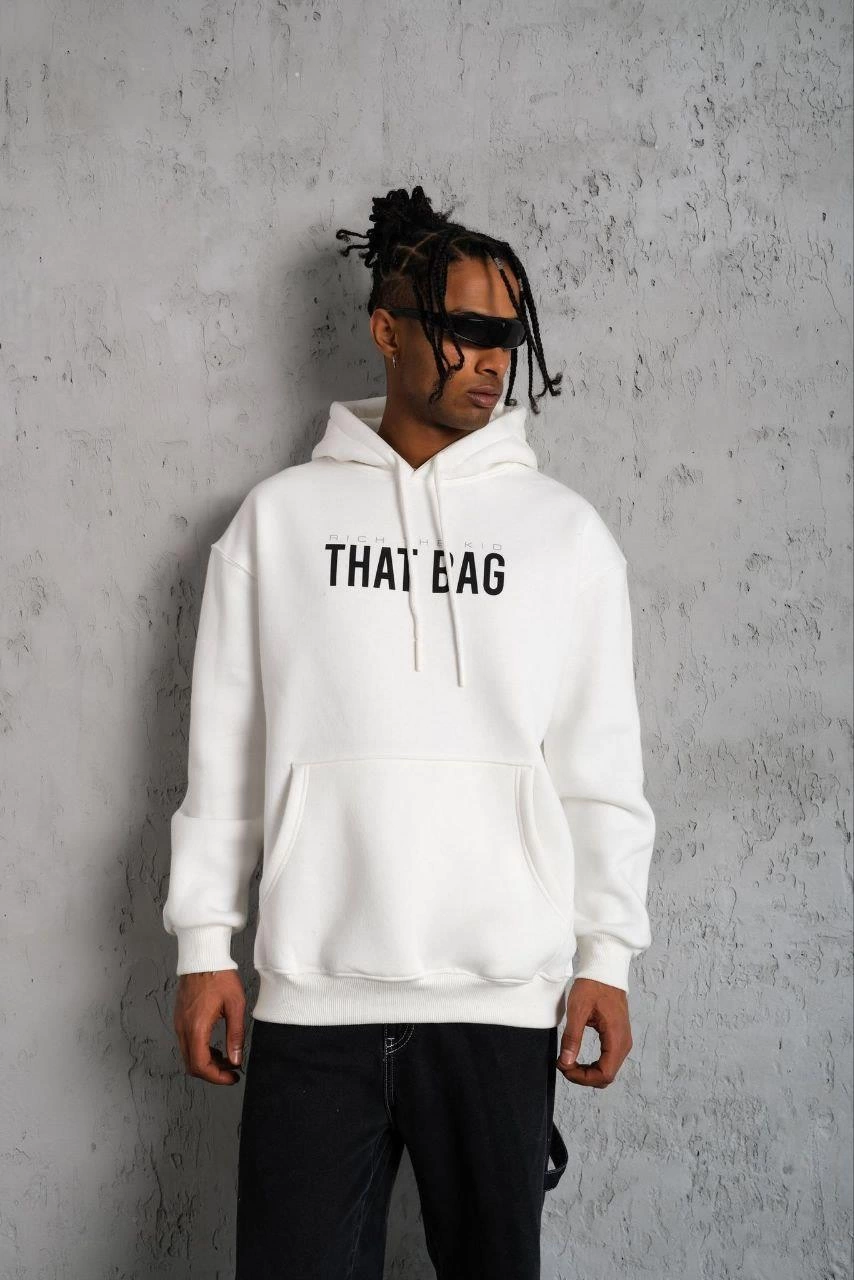 ASSEMA Erkek Kanguru Cep Baskılı Kapüşonlu  üç iplik pamuklu Sweatshirt - Beyaz