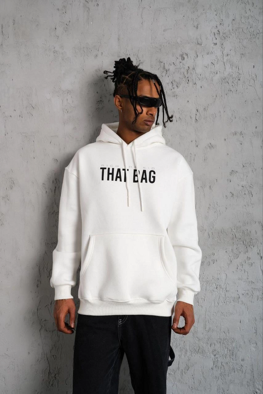 ASSEMA Erkek Kanguru Cep Baskılı Kapüşonlu  üç iplik pamuklu Sweatshirt - Beyaz
