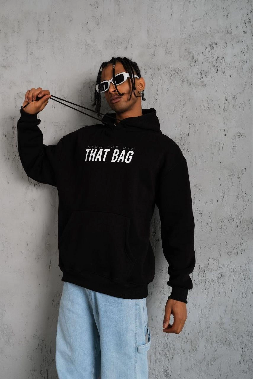 Erkek Kanguru Cepli Baskılı Kapüşonlu Sweatshirt - Siyah