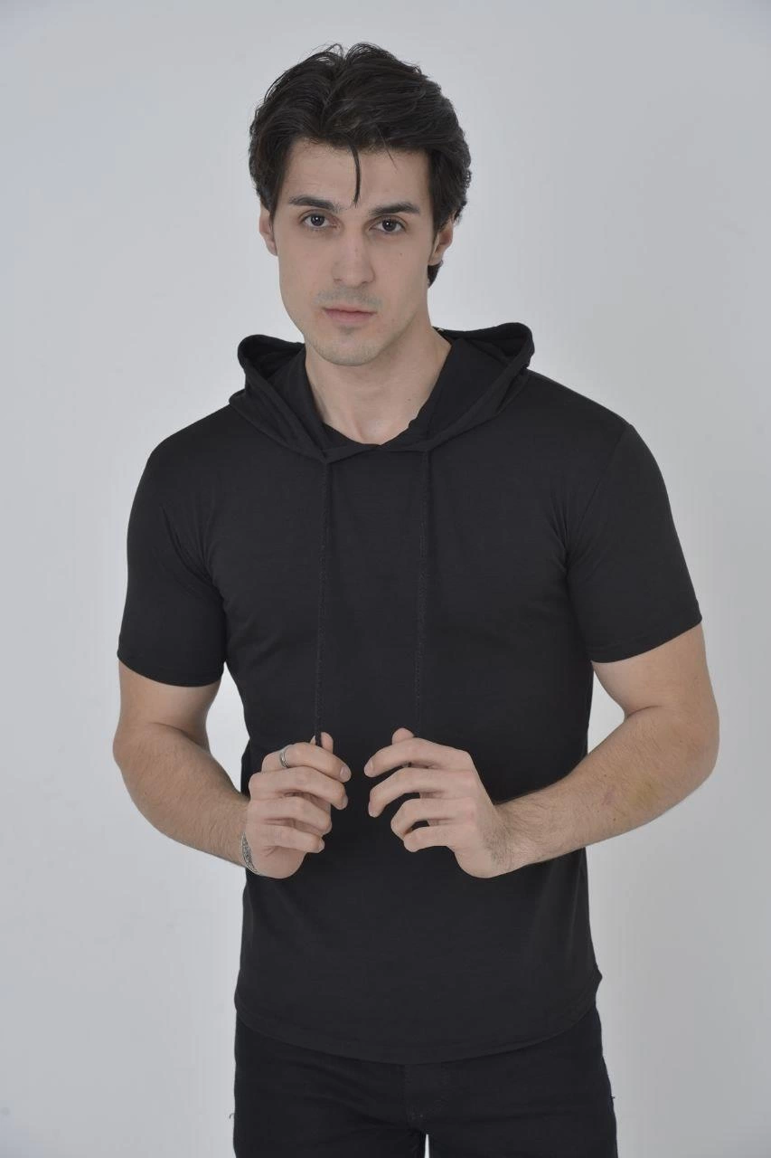 ASSEMA Kadın Kapüşonlu T-Shirt Kısa Kol Bisiklet Yaka Slimfit Tişört    - Siyah