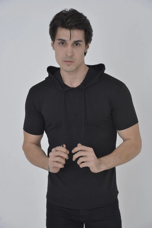 ASSEMA Kadın Kapüşonlu T-Shirt Kısa Kol Bisiklet Yaka Slimfit Tişört    - Siyah