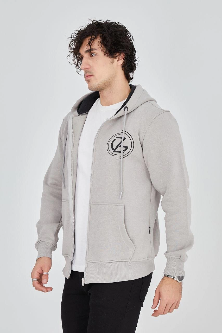 ASSEMA Erkek Kapüşonlu Baskılı Fermuarlı  üç iplik pamuklu Hırka - Boyalı Gri