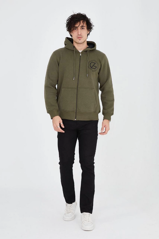 Erkek 3 İplik Pamuklu Fermuarlı Kapüşonlu Kanguru Cepli Baskılı Hoodie Hırka Sweatshirt - Yeşil