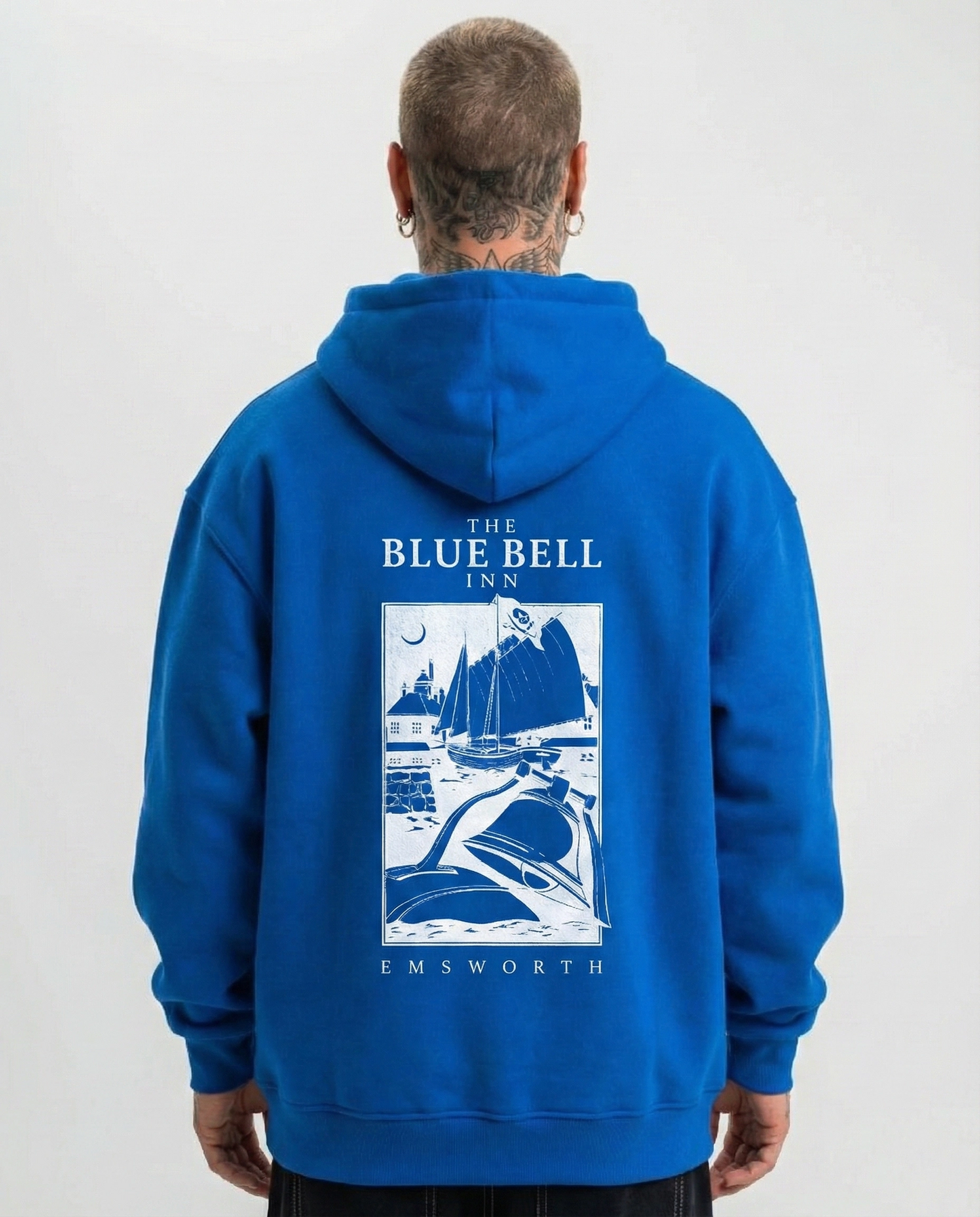 ASSEMA Erkek Kapüşonlu Double Oversize Hoodie - Üç İplik Pamuklu, Deniz ve Yelken Baskılı, Kanguru Cepli Premium Sweatshirt - Saks Mavi