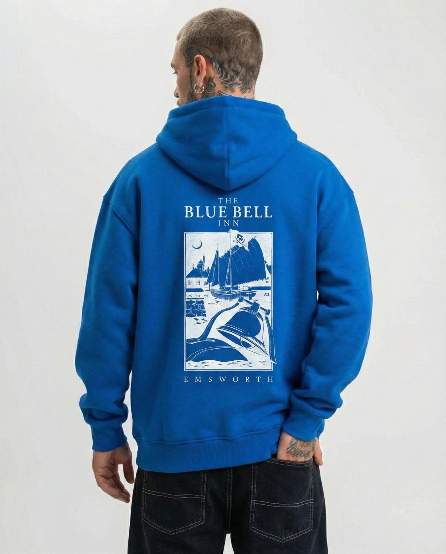ASSEMA Erkek Kapüşonlu Double Oversize Hoodie - Üç İplik Pamuklu, Deniz ve Yelken Baskılı, Kanguru Cepli Premium Sweatshirt - Saks Mavi