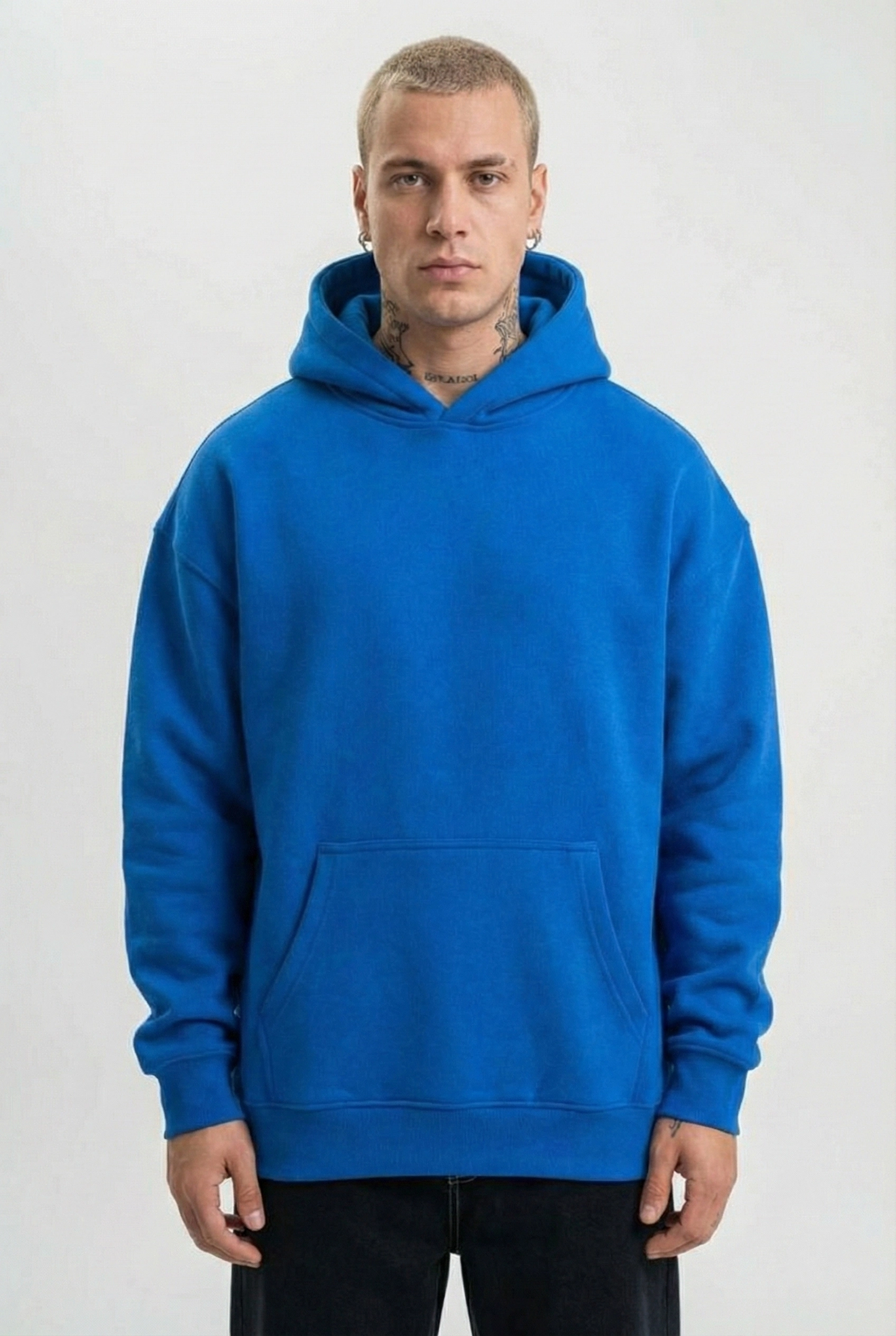ASSEMA Erkek Kapüşonlu Oversize Hoodie - Üç İplik Pamuklu, Astronot Temalı Renkli Dünya Baskılı, Kanguru Cepli Premium Sweatshirt - Saks Mavi