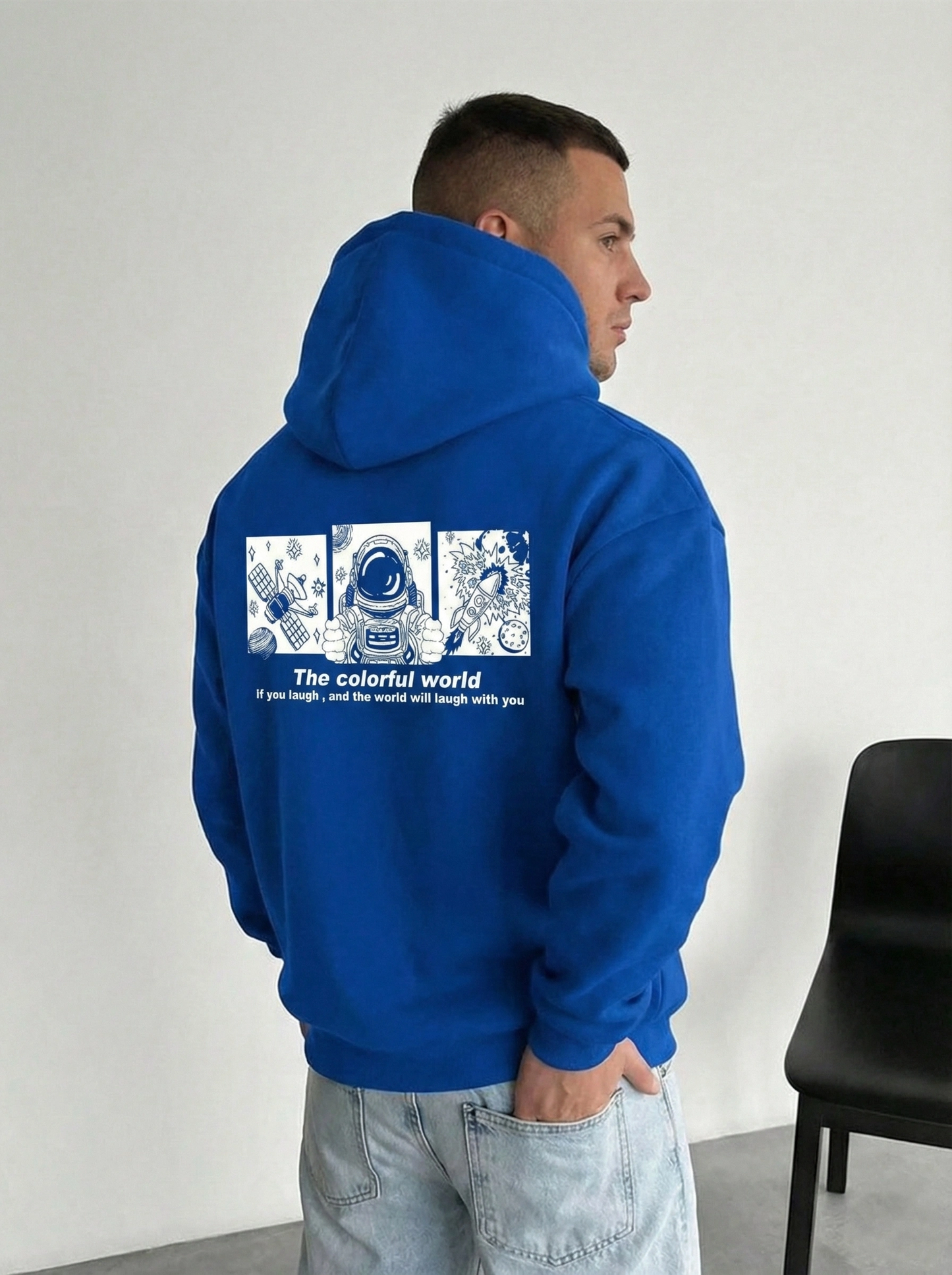 ASSEMA Erkek Kapüşonlu Oversize Hoodie - Üç İplik Pamuklu, Astronot Temalı Renkli Dünya Baskılı, Kanguru Cepli Premium Sweatshirt - Saks Mavi