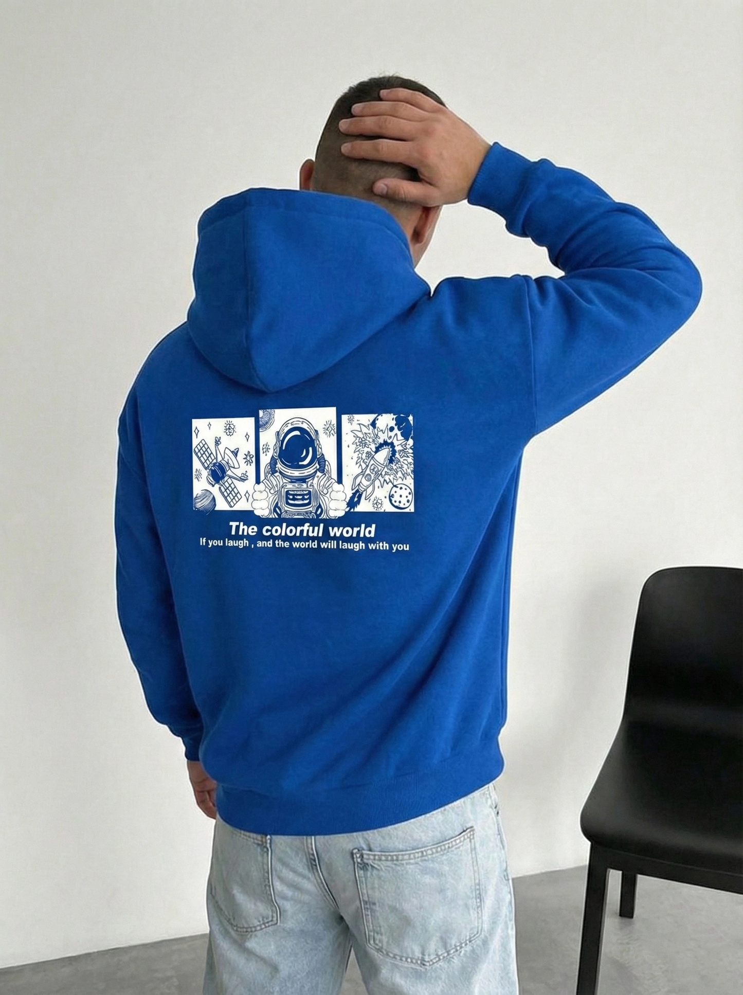 ASSEMA Erkek Kapüşonlu Oversize Hoodie - Üç İplik Pamuklu, Astronot Temalı Renkli Dünya Baskılı, Kanguru Cepli Premium Sweatshirt - Saks Mavi