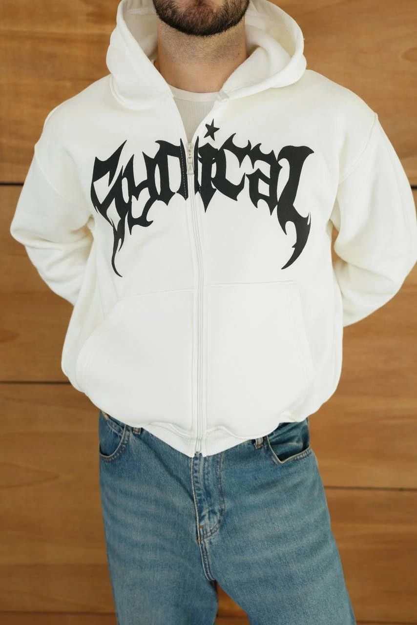 ASSEMA Erkek Kapüşonlu 3 İplik Şardonlu Önü Baskılı Fermuarlı Oversize Sweatshirt - Beyaz