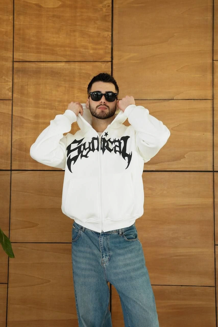 ASSEMA Erkek Kapüşonlu 3 İplik Şardonlu Önü Baskılı Fermuarlı Oversize Sweatshirt - Beyaz