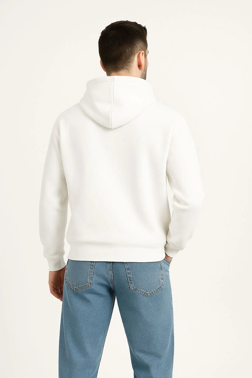 ASSEMA Erkek Kapüşonlu 3 İplik Şardonlu Önü Baskılı Fermuarlı Oversize Sweatshirt - Beyaz