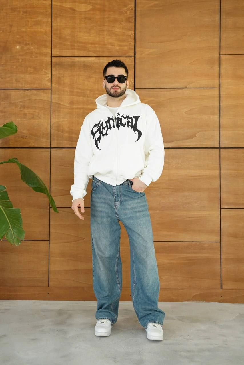 ASSEMA Erkek Kapüşonlu 3 İplik Şardonlu Önü Baskılı Fermuarlı Oversize Sweatshirt - Beyaz
