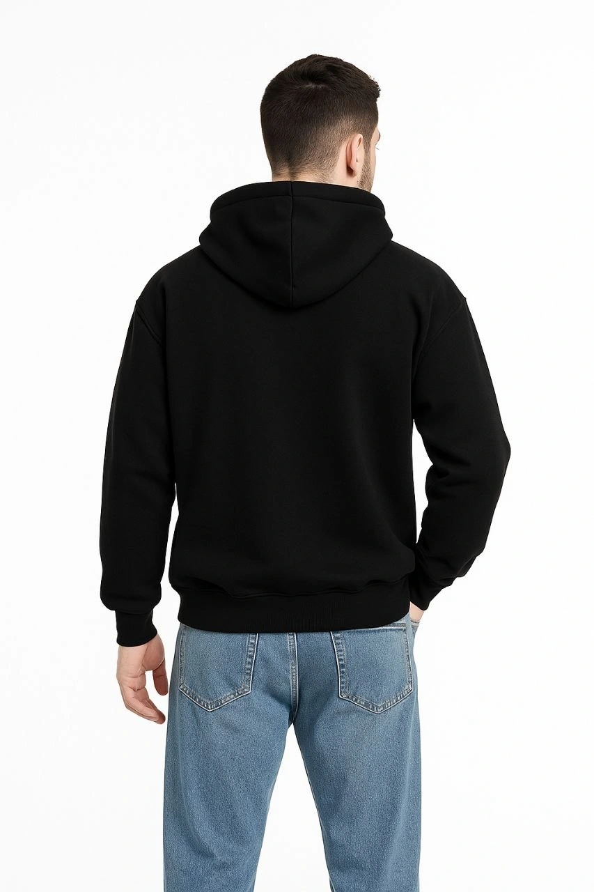 ASSEMA Erkek Kapüşonlu 3 İplik Şardonlu Önü Baskılı Fermuarlı Oversize Sweatshirt - Siyah