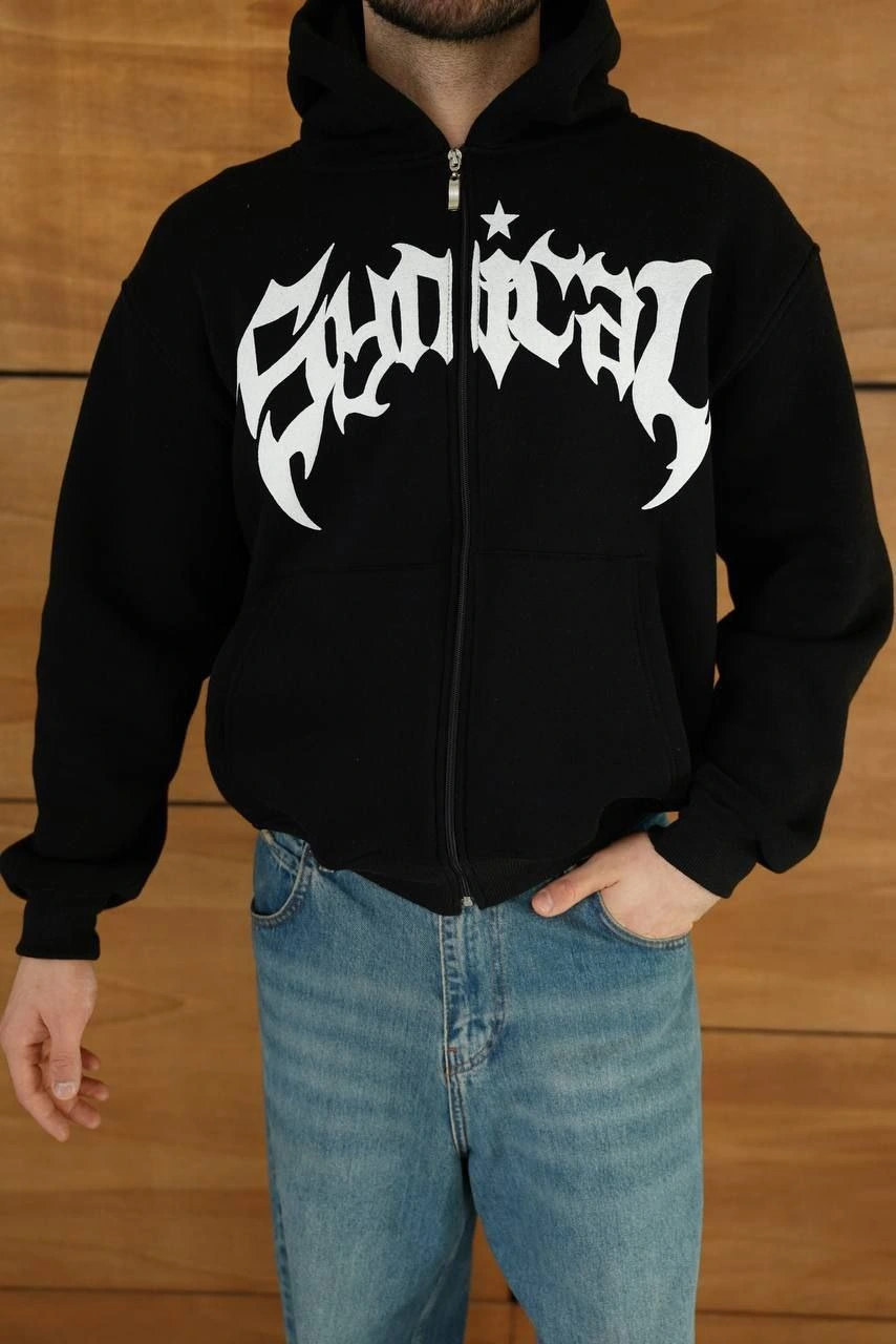 ASSEMA Erkek Kapüşonlu 3 İplik Şardonlu Önü Baskılı Fermuarlı Oversize Sweatshirt - Siyah