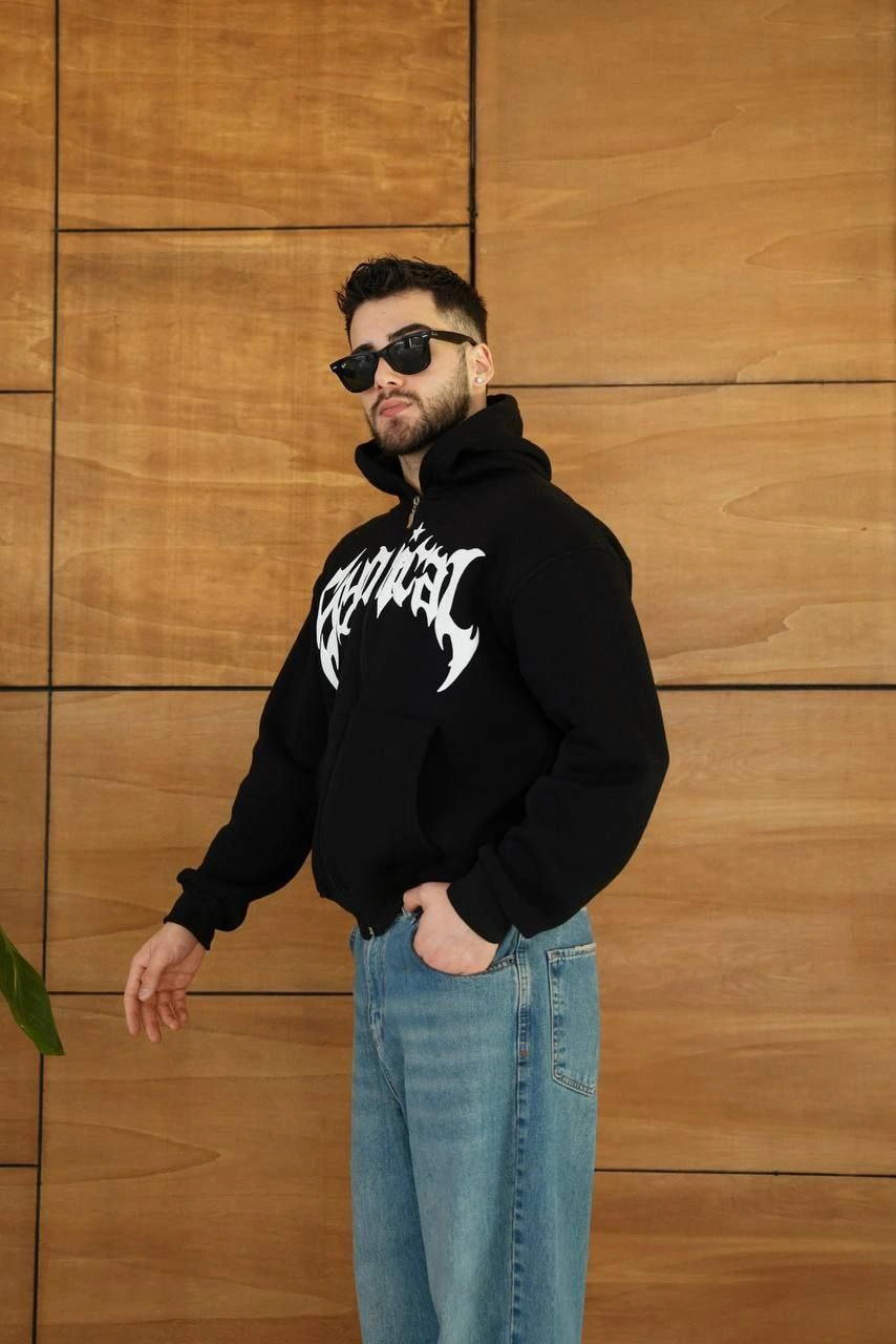 ASSEMA Erkek Kapüşonlu 3 İplik Şardonlu Önü Baskılı Fermuarlı Oversize Sweatshirt - Siyah