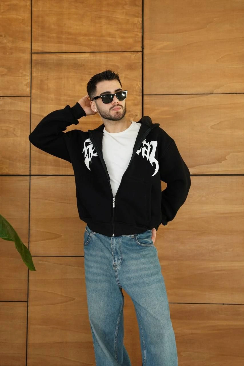 ASSEMA Erkek Kapüşonlu 3 İplik Şardonlu Önü Baskılı Fermuarlı Oversize Sweatshirt - Siyah