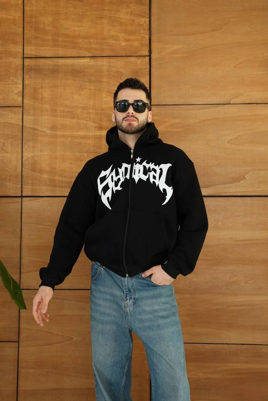 ASSEMA Erkek Kapüşonlu 3 İplik Şardonlu Önü Baskılı Fermuarlı Oversize Sweatshirt - Siyah