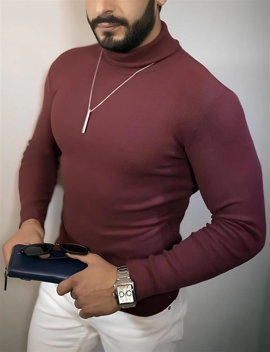ASSEMA Erkek Tam Boğazlı Fitilli Kaşkorse Triko – Likralı, Extra Dar Kesim Slimfit, Yumuşak Kaşmir Dokulu Model - Bordo