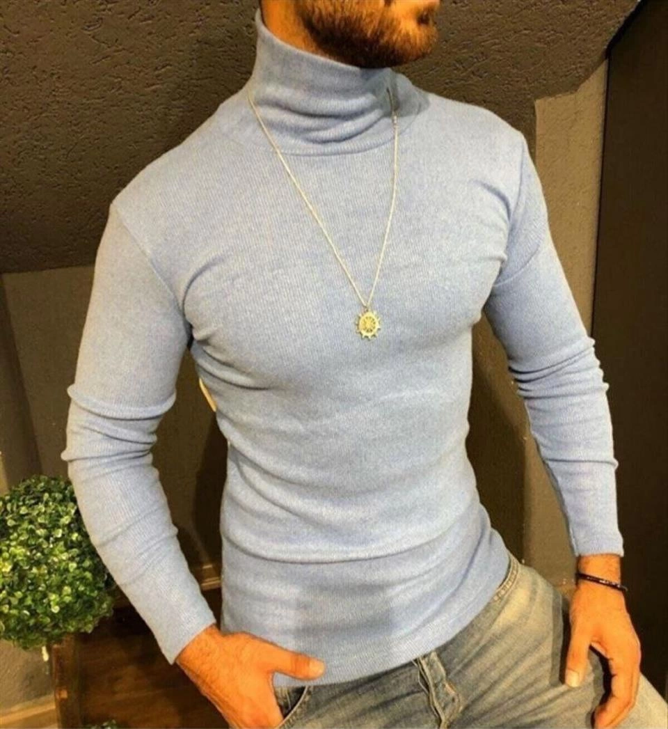 ASSEMA Erkek Kaşkorse Boğazlı Full Likralı Fitilli Body Kazak - Gri