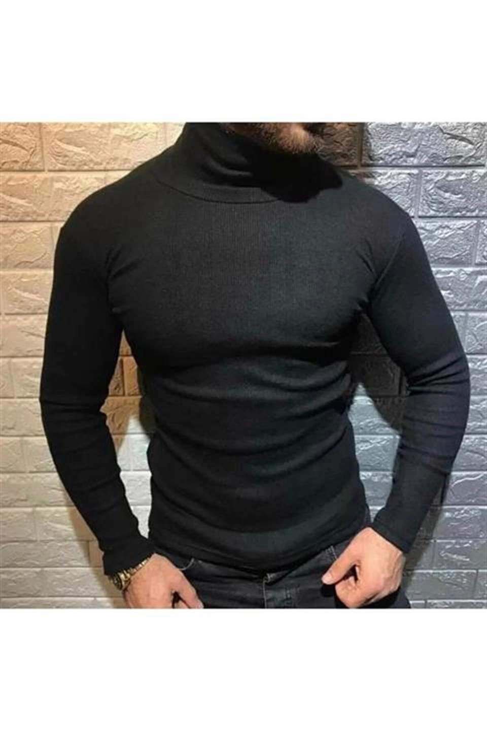 ASSEMA Erkek Kaşkorse Boğazlı Full Likralı Fitilli Body Kazak - Siyah