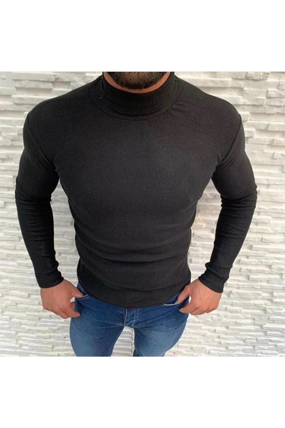 ASSEMA Erkek Kaşkorse Boğazlı Full Likralı Fitilli Body Kazak - Siyah