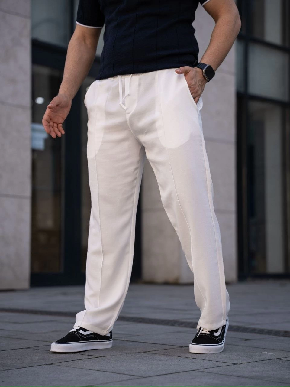ASSEMA Erkek Keten Cepli Çıma Dikişli jogger Buggy Pantalon Rahat kalıp - Beyaz