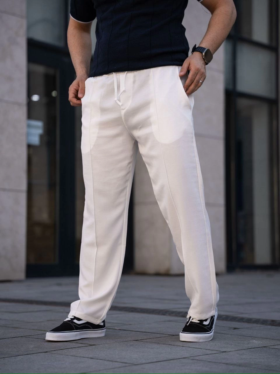 ASSEMA Erkek Keten Cepli Çıma Dikişli jogger Buggy Pantalon Rahat kalıp - Beyaz