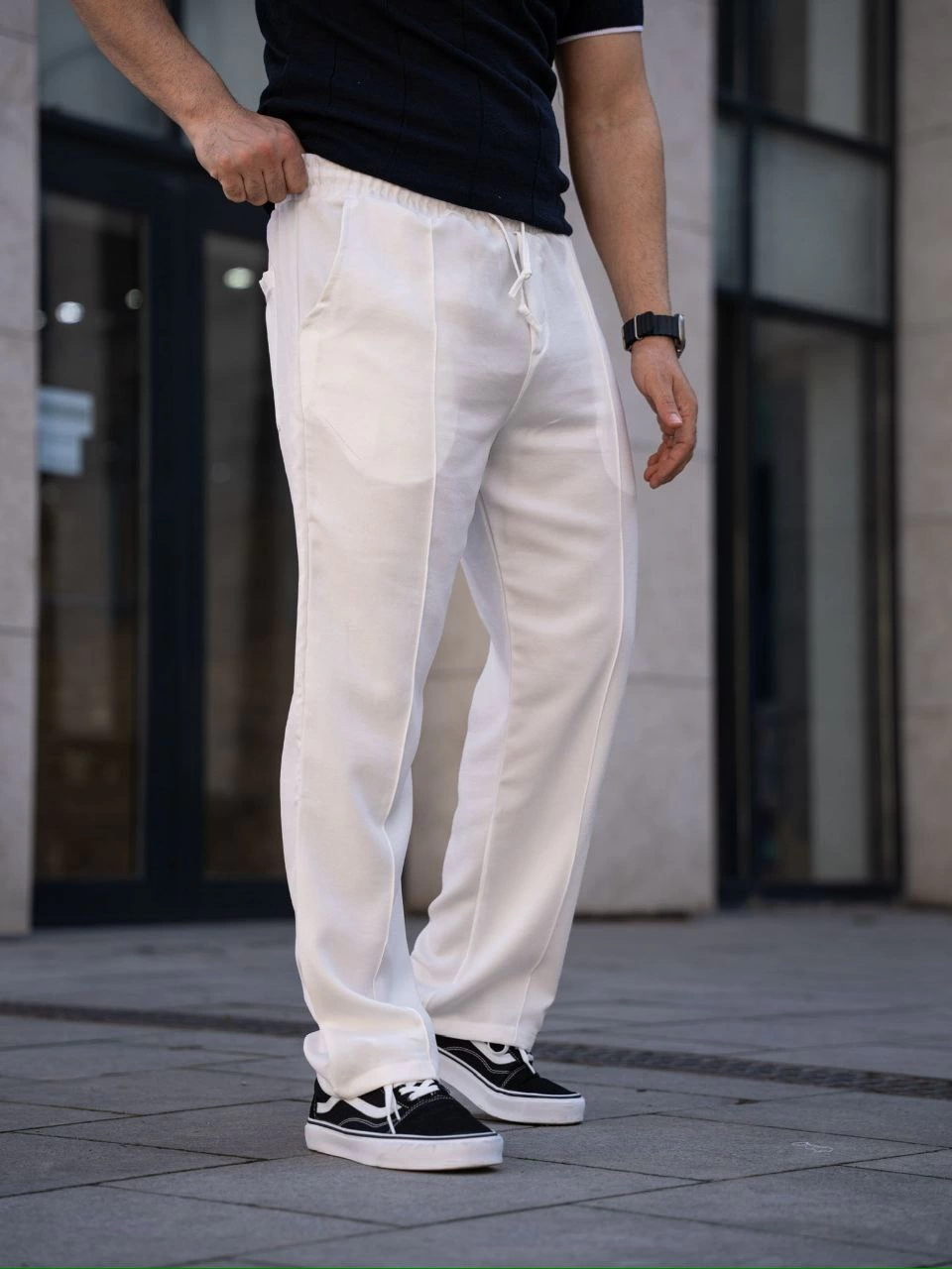 ASSEMA Erkek Keten Cepli Çıma Dikişli jogger Buggy Pantalon Rahat kalıp - Beyaz