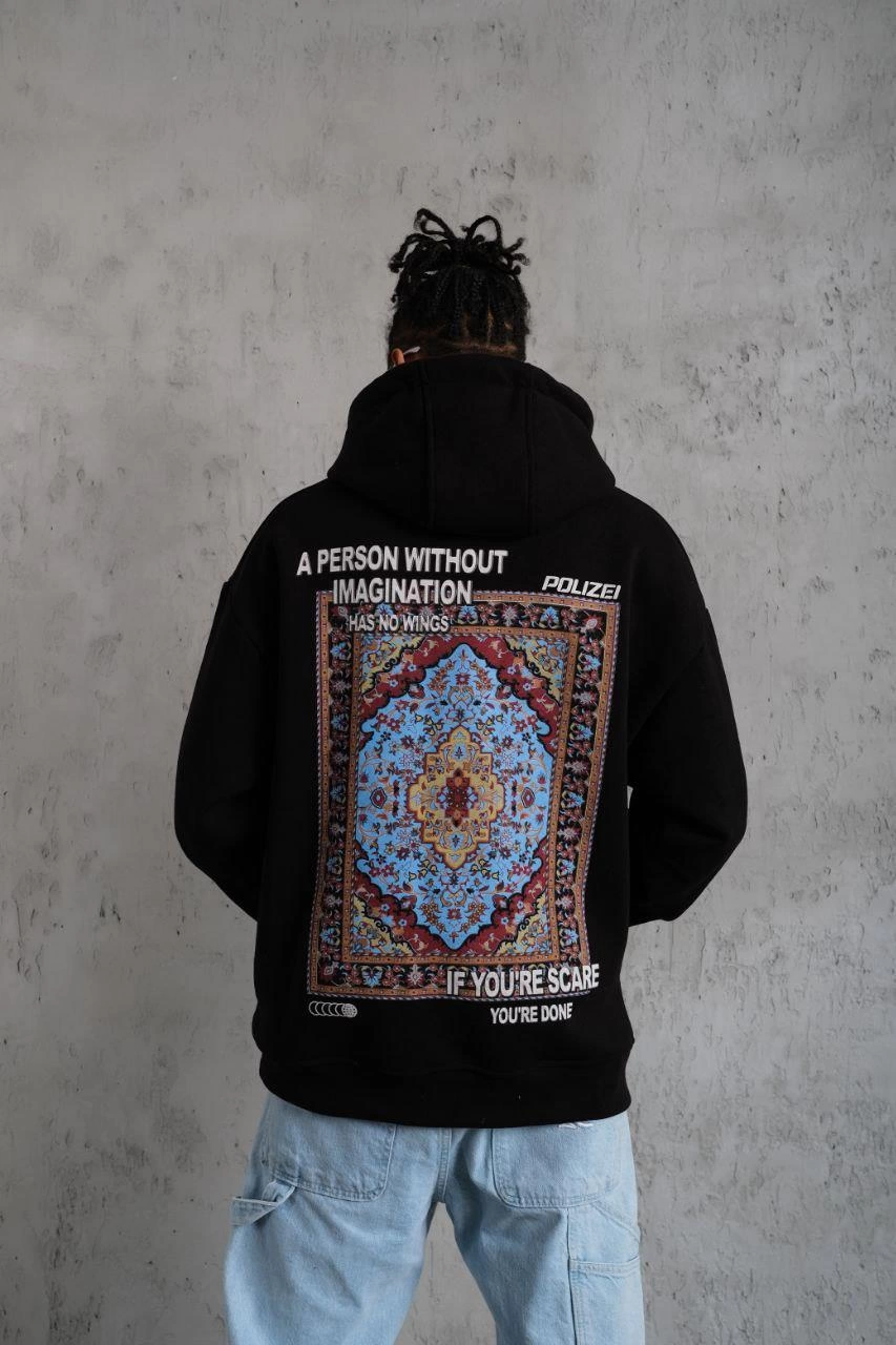 ASSEMA Erkek Kilim Desen  üç iplik pamuklu Kapüşonlu - Siyah