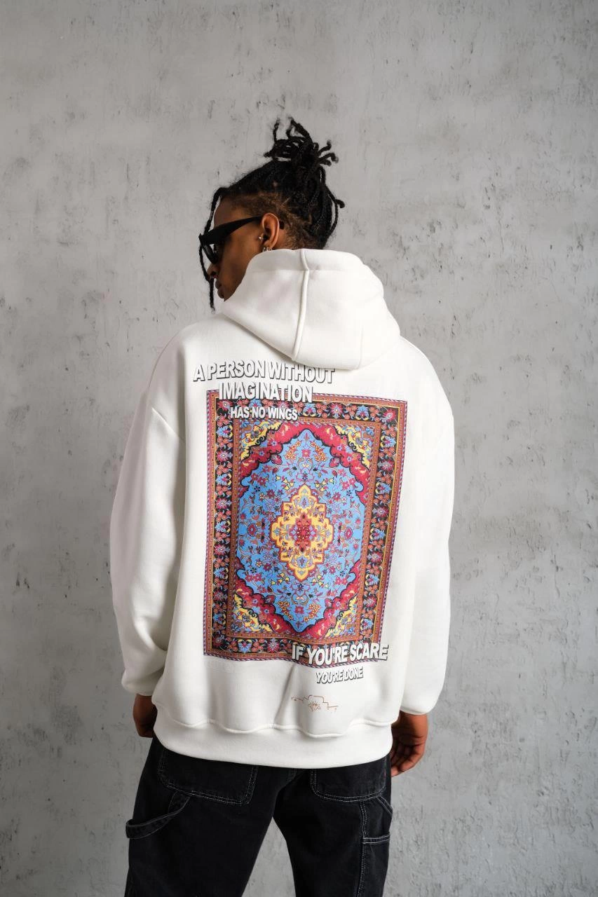 ASSEMA Erkek Kilim Desen üç iplik pamuklu  Kapüşonlu Sweat - Beyaz