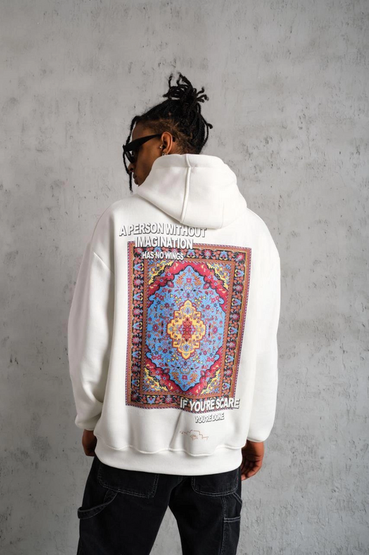 ASSEMA Erkek Kilim Desen üç iplik pamuklu  Kapüşonlu Sweat - Beyaz