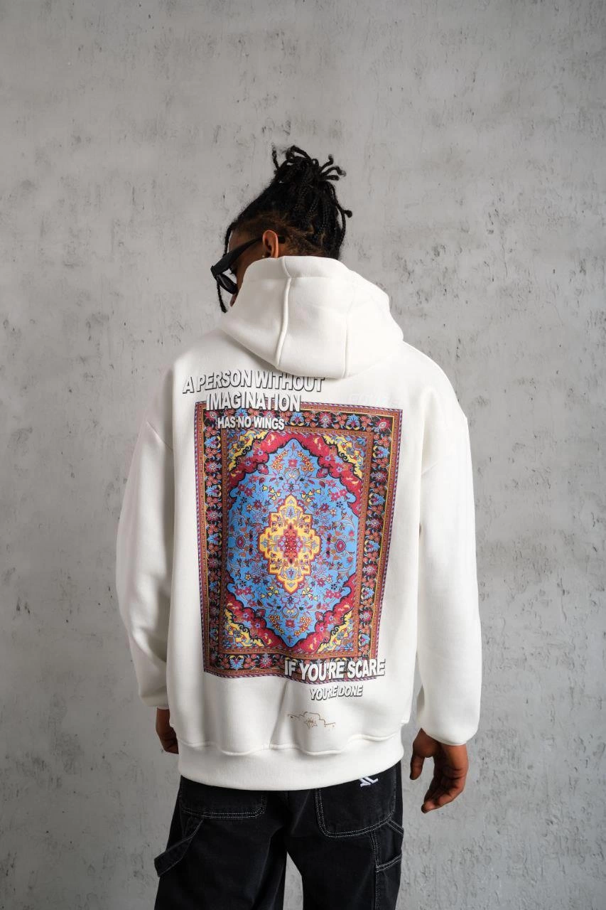 ASSEMA Erkek Kilim Desen üç iplik pamuklu  Kapüşonlu Sweat - Beyaz
