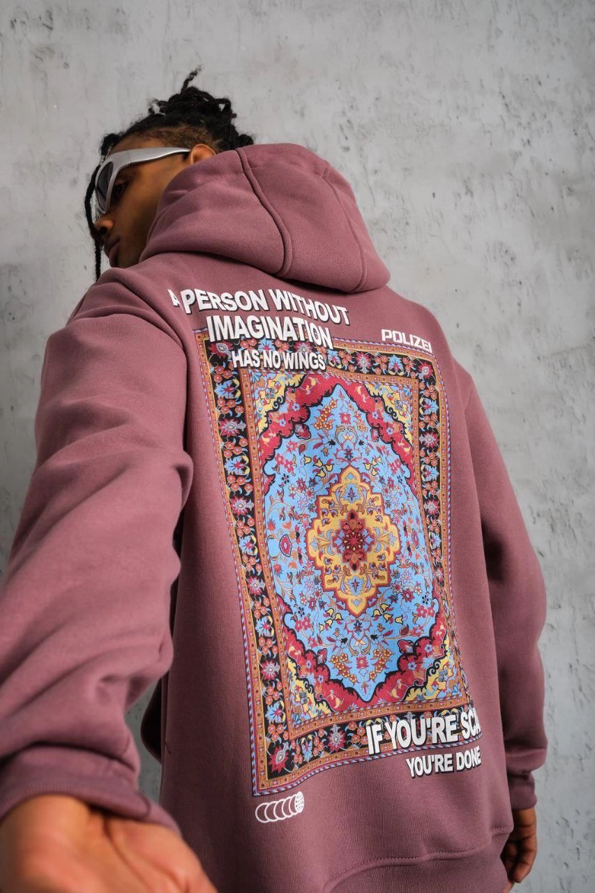 ASSEMA Erkek Kilim Desen Kapüşonlu üç iplik pamuklu  Sweat - Gül Kurusu