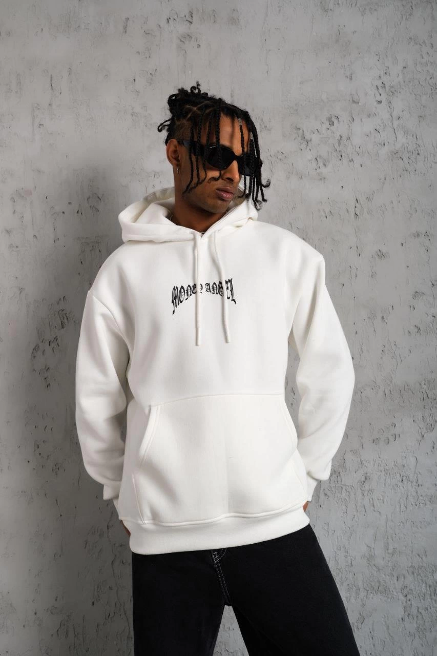 ASSEMA Erkek Kordon İpli Baskılı Kapüşonlu Sweatshirt - Beyaz