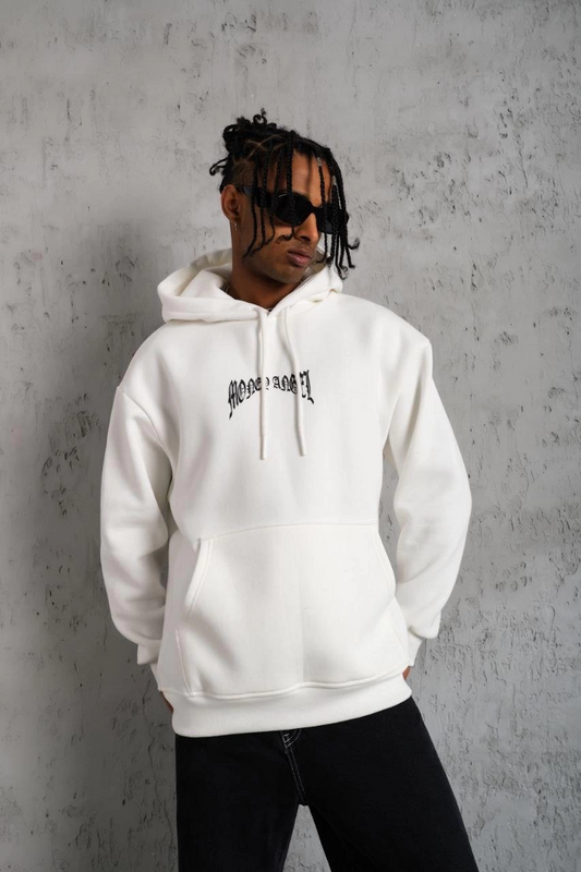 ASSEMA Erkek Kordon İpli Baskılı Kapüşonlu Sweatshirt - Beyaz