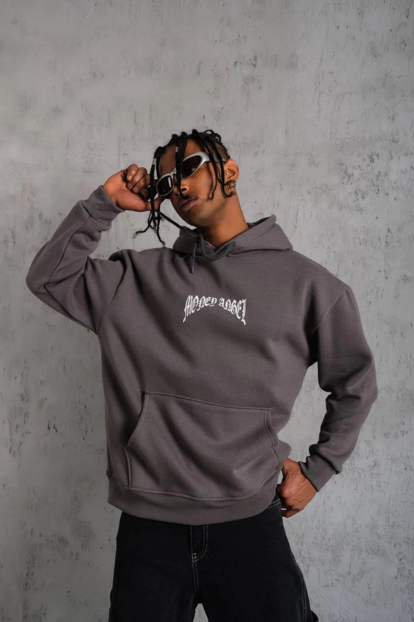 ASSEMA Erkek Kordon İpli Baskılı Kapüşonlu üç iplik pamuklu  Sweatshirt - Füme