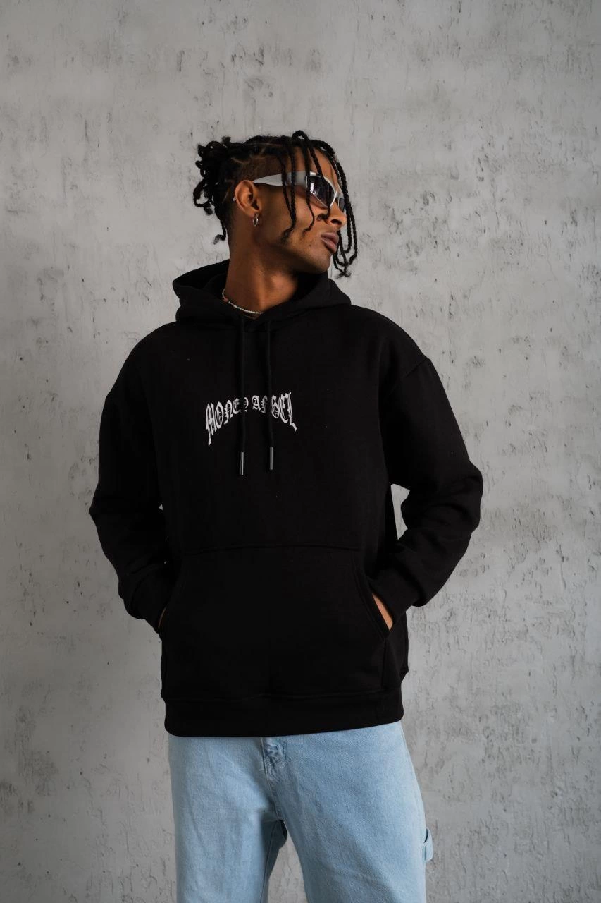 ASSEMA Erkek Kordon İpli Baskılı Kapüşonlu üç iplik pamuklu  Sweatshirt - Siyah