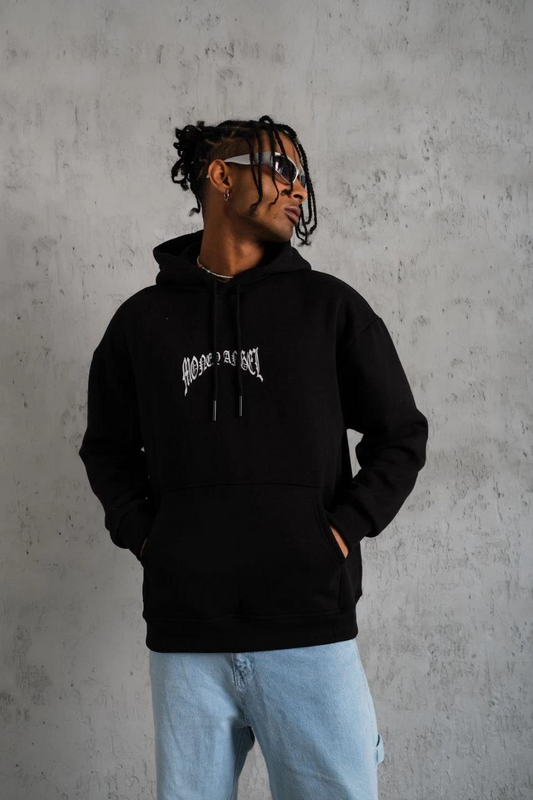 ASSEMA Erkek Kordon İpli Baskılı Kapüşonlu üç iplik pamuklu  Sweatshirt - Siyah