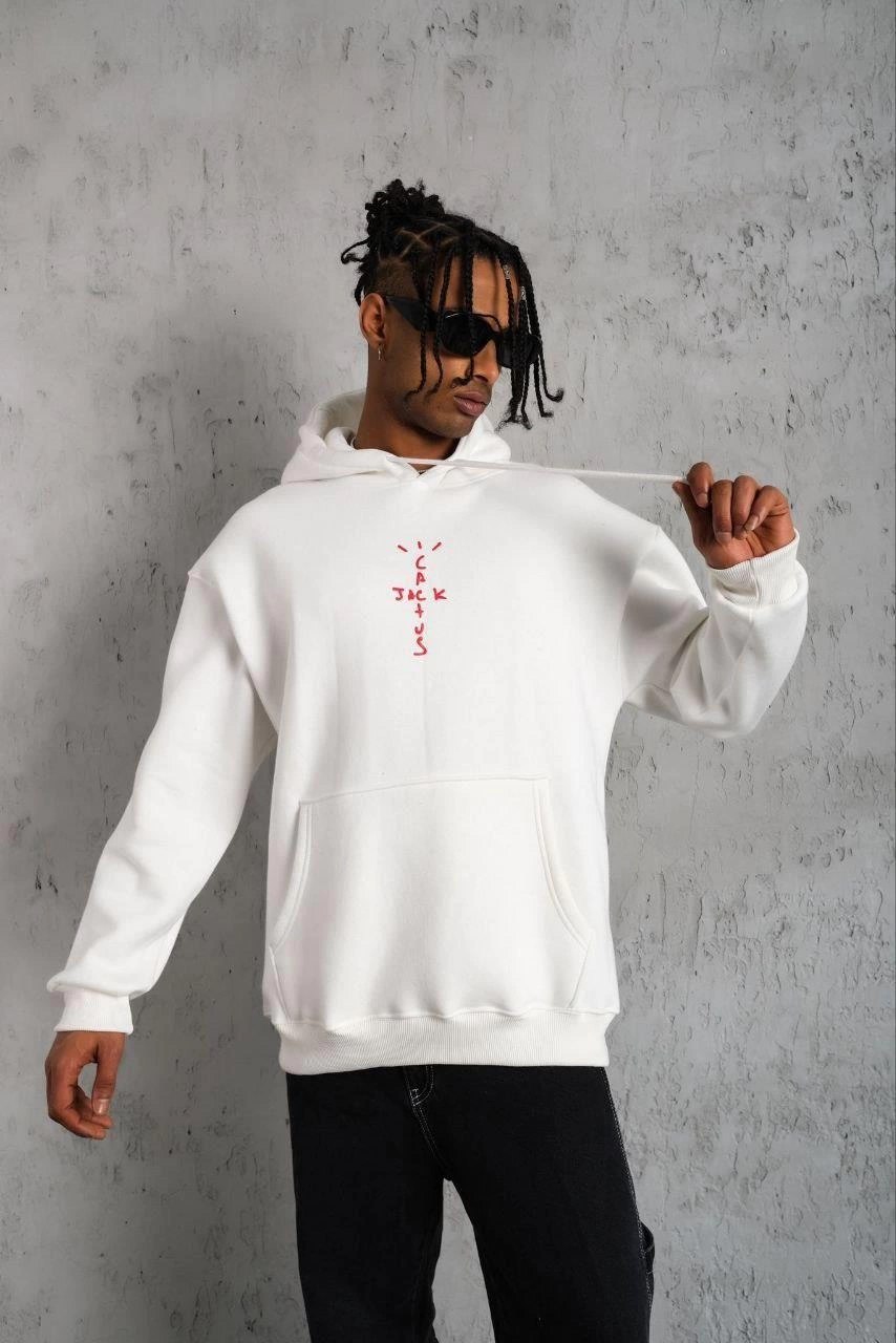 ASSEMA Erkek Kordonlu Arka Maske Kordon Saçlı Kapüşonlu sweatshirt  - Beyaz
