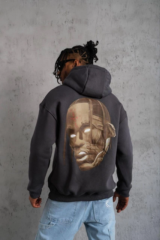 ASSEMA Erkek Kordonlu Arka Maske Kordon Saçlı üç iplik pamuklu Kapüşonlu sweatshirt - Füme