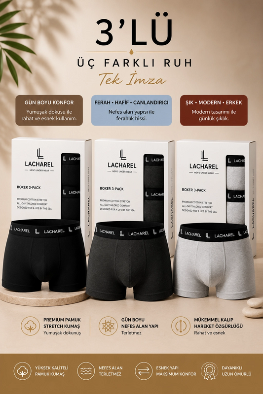 Erkek Likralı Pamuklu Nefes Alan Penye Boxer3'Lü Paket - Siyah & Füme & Gri