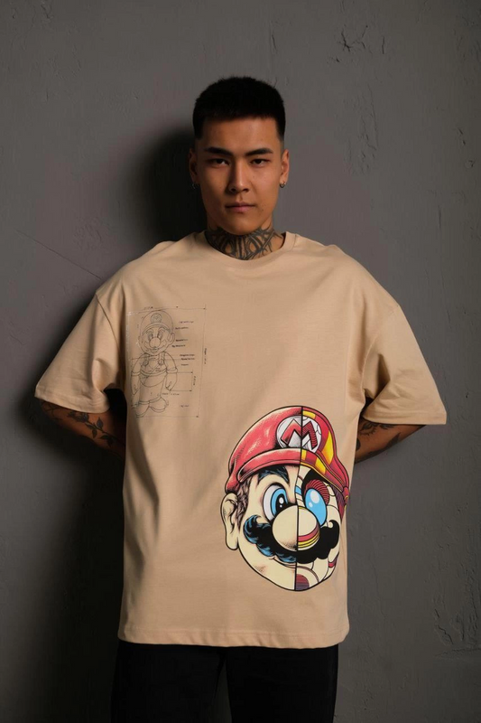 ASSEMA Erkek Mario Baskılı T-Shirt Oversize Kısa kol Bisiklet yaka tişort - Bej