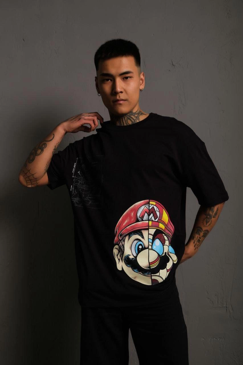 ASSEMA Erkek Mario Baskılı T-Shirt Oversize Kısa kol Bisiklet yaka tişort - Siyah