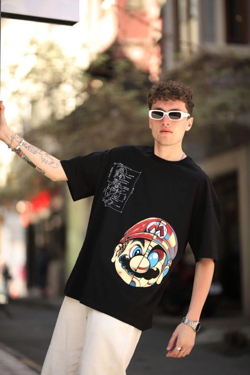 ASSEMA Erkek Mario Baskılı T-Shirt Oversize Kısa kol Bisiklet yaka tişort - Siyah