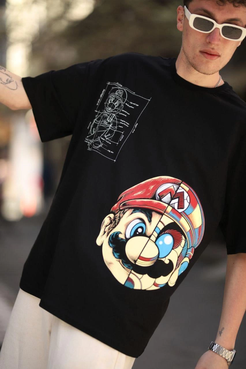 ASSEMA Erkek Mario Baskılı T-Shirt Oversize Kısa kol Bisiklet yaka tişort - Siyah
