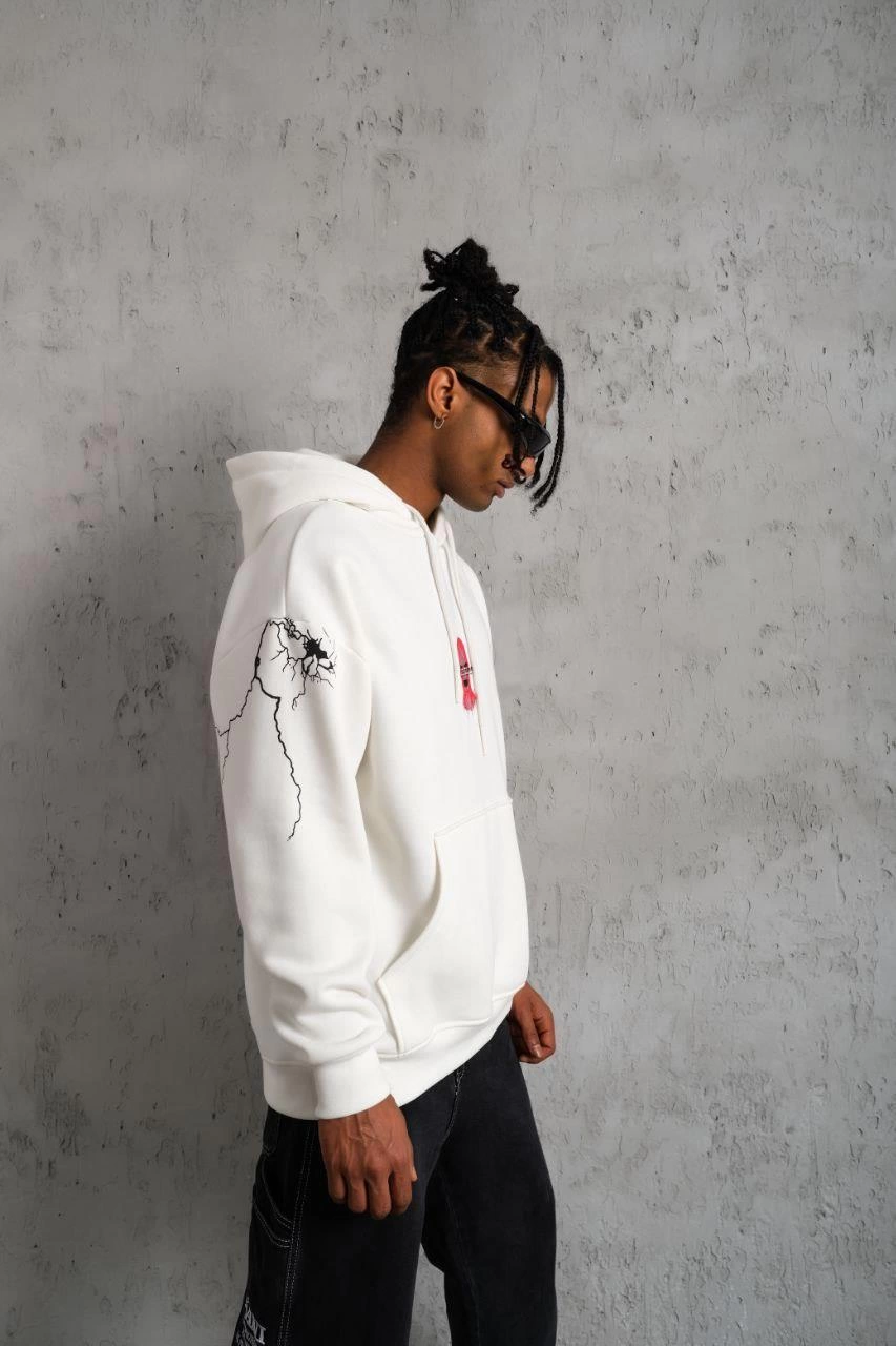 ASSEMA Erkek Oversize Üç İplik Kapüşonlu Sweatshirt  - Beyaz