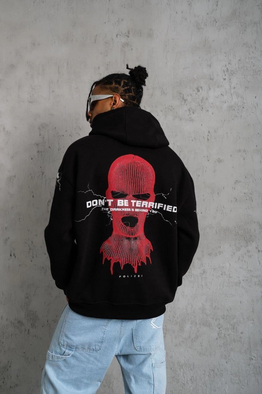 ASSEMA Erkek Oversize Üç İplik Kapüşonlu Sweatshirt Siyah Don t Be Terrified Ön Sırt ve - Siyah